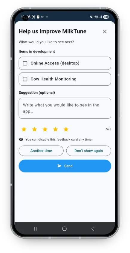 MilkTune feedback screen with structured suggestion flow